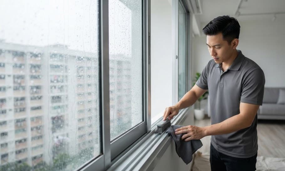 Professional window cleaning technician wiping down aluminum window tracks in a Singapore HDB flat during monsoon weather.