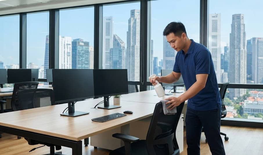 Professional office cleaner sanitizing a shared hot-desking computer workstation in a Singapore commercial office.
